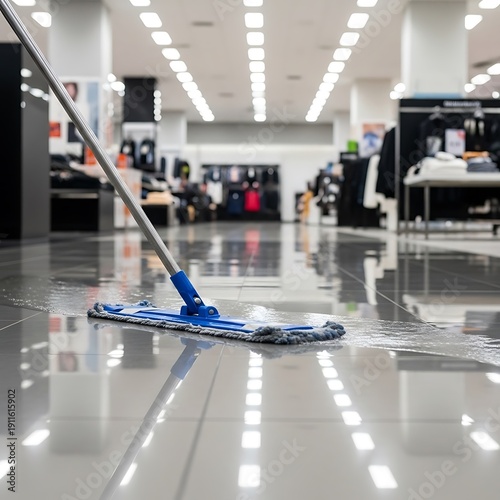 Cleaning the floor of a retail store with a mop.