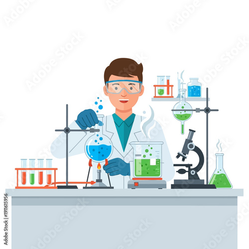 Scientist in Lab Coat and Goggles Conducting Chemical Experiment with Bubbling Liquids