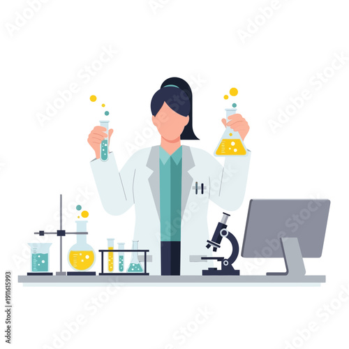 Scientist Woman Holding Test Tubes in Laboratory with Microscope and Computer