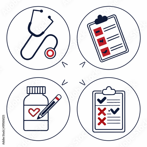 Illustrations of medical symbols and icons representing healthcare and medicine Vector