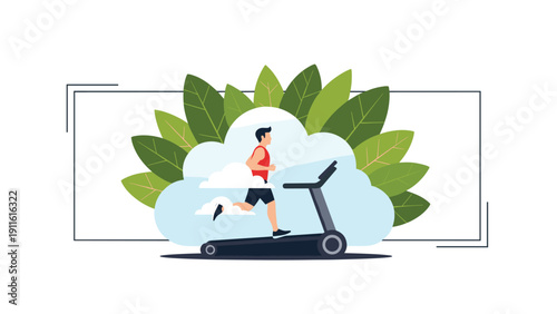 Active man running on a treadmill for cardio workout surrounded by green leaves and clouds symbolizing a healthy lifestyle and fitness.