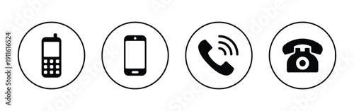 Collection of telephone icons including old cell phone smartphone and rotary phone