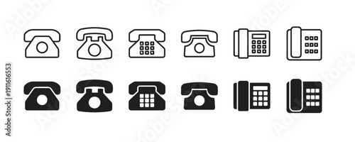 Collection of telephone icons, including rotary and modern desk phones in outline and fill