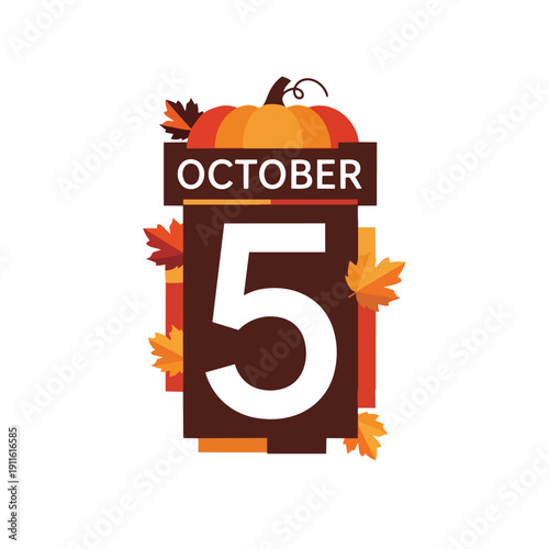 Vibrant autumnal calendar illustration marking October fifth with seasonal pumpkin and foliage design
