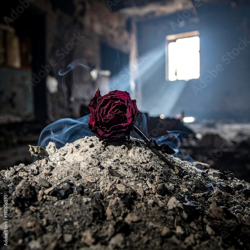 A delicate red rose on rubble in a desolate, ruined room