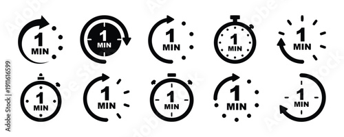 Collection of ten timer icons, one minute countdown and stopwatch symbols for duration