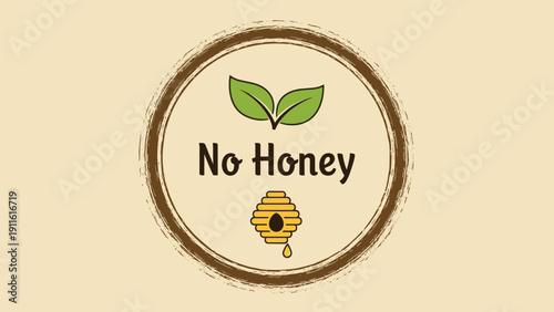 Natural product label with no honey text, green leaves, and a beehive icon used for dietary warnings and food packaging specifications.