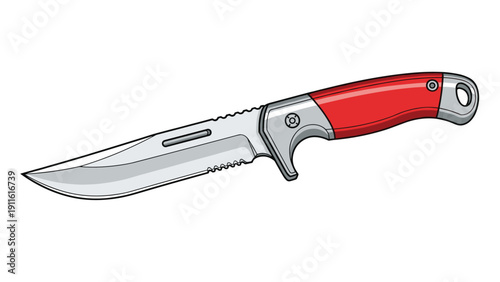 Modern survival knife with a sharp stainless steel blade and red ergonomic handle used for outdoor camping, hunting, and tactical tasks.