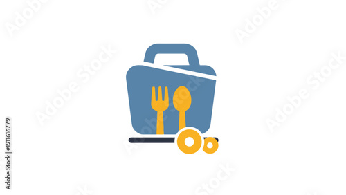 Blue lunch box with utensils inside.