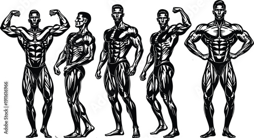Set of Black and White Vector Illustrations of Professional Bodybuilders Posing to Show Muscle Definition for Fitness Gym Workout and Weightlifting Competition Branding