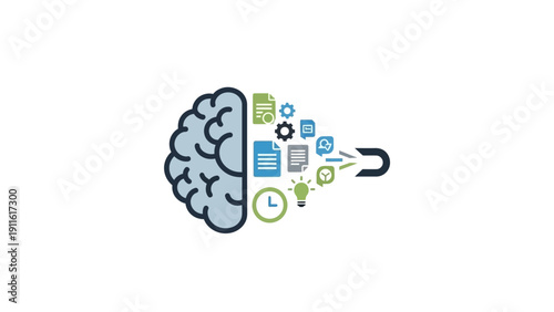 Brain with icons and symbols.