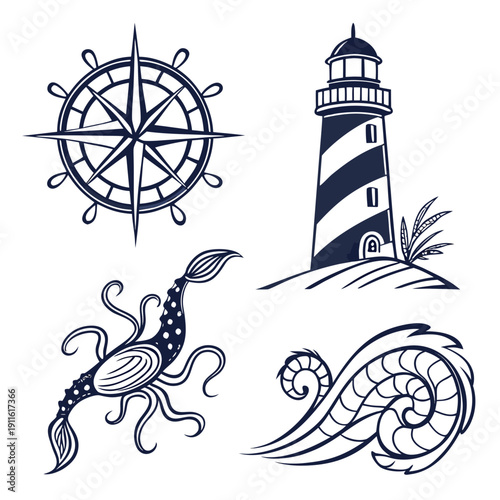 A collection of nautical symbols including a compass rose, lighthouse, seahorse, and wave Vector