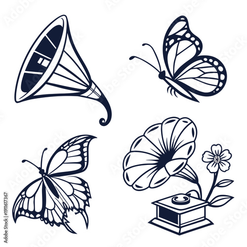 Vintage phonograph and butterflies in a harmonious black and white illustration Vector