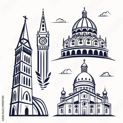 Illustration of famous landmarks from around the world. Vector