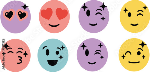 Cute colorful emoji faces collection with hearts wink sparkle expressions cartoon vector illustration isolated background set