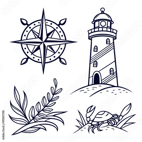 A nautical-themed illustration featuring a compass, lighthouse, and palm leaves Vector