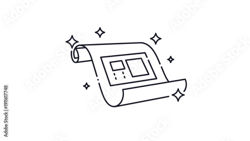 Rolled out blueprint or architectural plan document with sparkles indicating a new project or high-quality design work in progress.