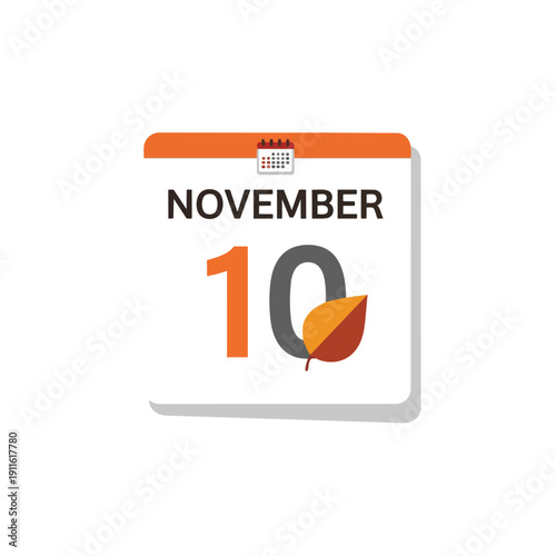 November tenth calendar icon with autumn leaf signifying fall season planning and event dates. This modern digital illustration is a clear visual