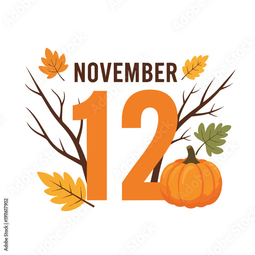 A vibrant autumn illustration marking November twelfth, featuring golden foliage, bare branches, and a festive pumpkin, celebrating the essence of