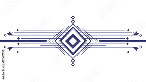 Symmetrical blue geometric pattern with diamond shapes and horizontal lines used as a decorative border or graphic design divider.