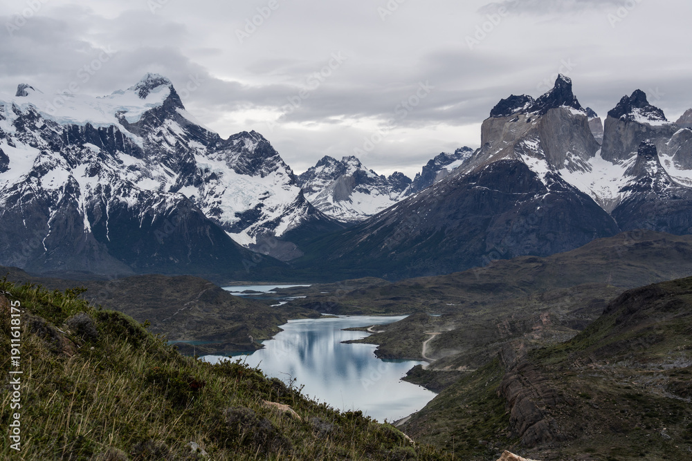 Fototapeta premium Torres del Paine, Chile: Panorama from Mirador Condor in Torres del Paine National Park in Patagonia Region in Chile