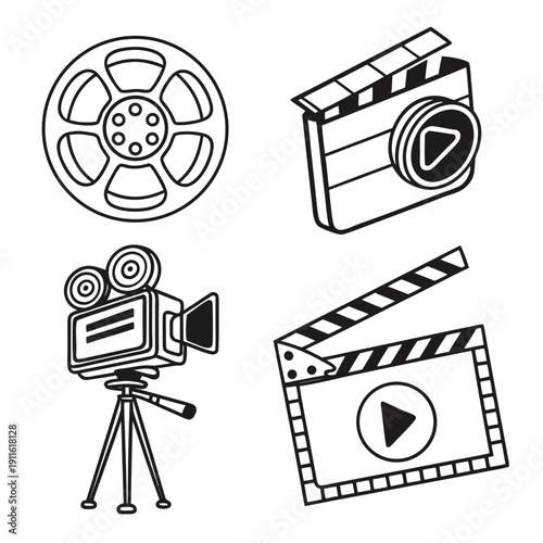 A collection of various film and video production equipment and symbols Vector