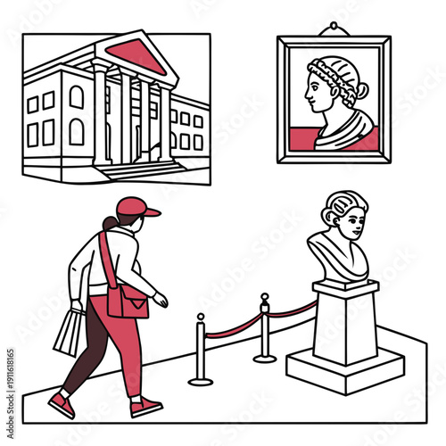 A person with a red hat and a red cane walking past a building and a framed picture. Vector