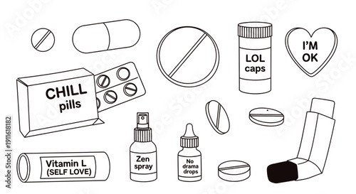 Medication vector illustration of various pills and capsules with funny labels