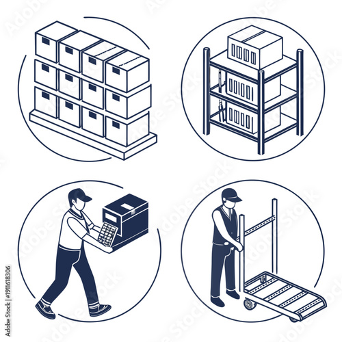 Illustration of various activities involving shelves and a person Vector