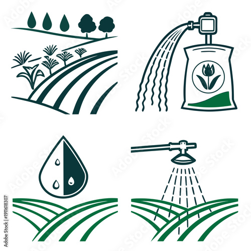 Illustrations of agricultural practices and natural resources management. Vector