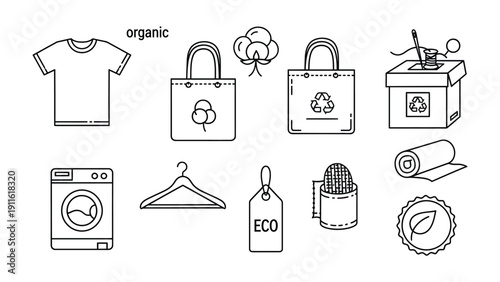 Organic Eco-Friendly Symbols: An illustration showcasing a range of eco-conscious items, representing the essence of sustainability and environmental responsibility.