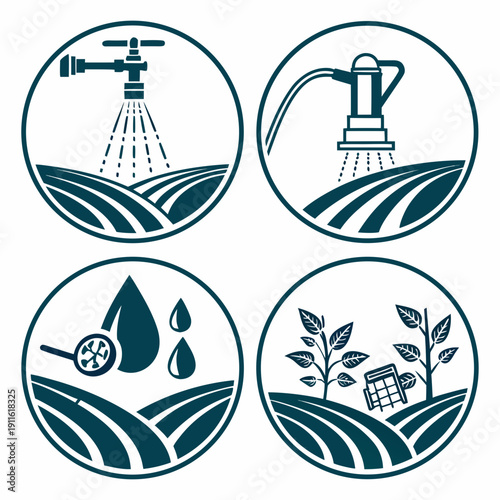 Four distinct images representing various aspects of agriculture and water management. Vector