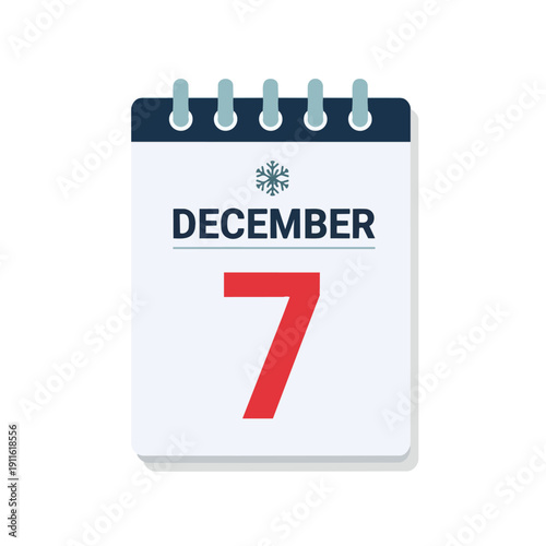 December seventh calendar page with snowflake icon signifying winter seasonal date reminder