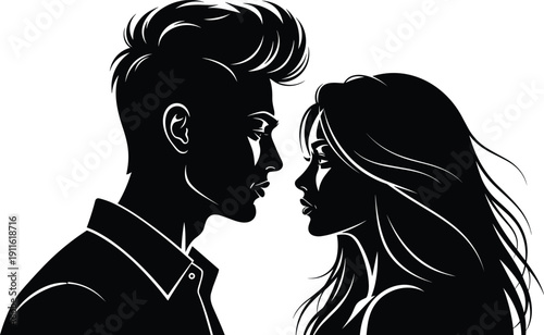 Close up profile silhouettes of a handsome young man and a beautiful woman looking at each other isolated on white background for romantic design.