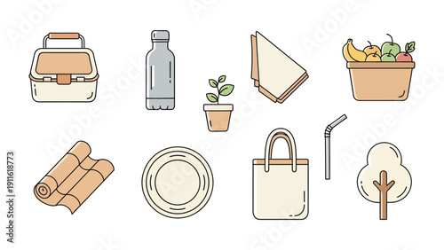 Eco-Friendly Essentials: A collection of sustainable essentials, featuring a lunchbox, water bottle, plant, sandwich, fruit bowl, bamboo mat, plate, shopping bag, straw, and tree.