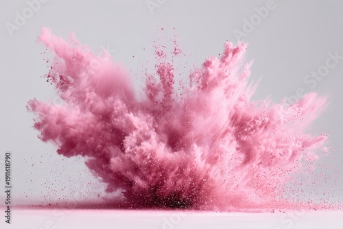 White background with dynamic pink pigment spray and freeze-motion