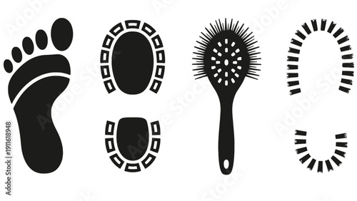 Foot icons and hairbrush silhouette vector illustration set