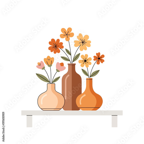 Bohemian floral arrangement in vases on shelf, warm color palette, minimalist illustration