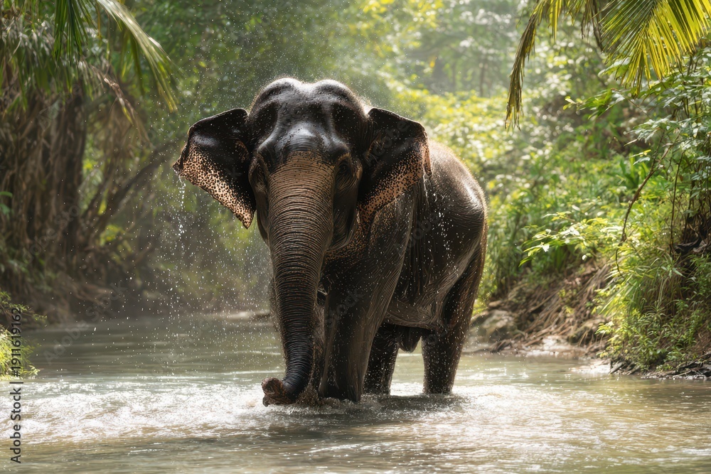 Fototapeta premium Wildlife moment: elephant bathing in a shallow river among lush greenery