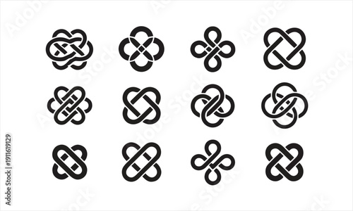 Collection of twelve Celtic knots and infinity symbols in different designs, a seamless pattern of graphic elements