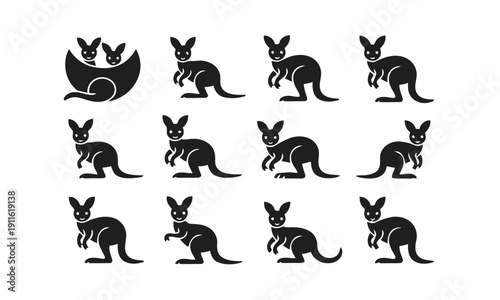 Collection of twelve kangaroo icons, including a mother and joey, for use in Australian themed designs