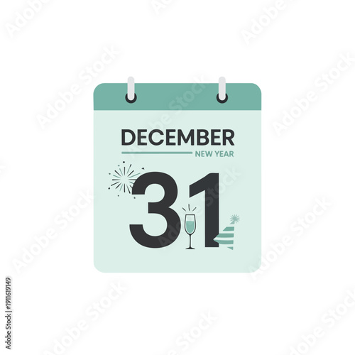 This vivid flat vector illustration depicts a calendar page showing December thirty-first, effectively symbolizing the joyous anticipation and