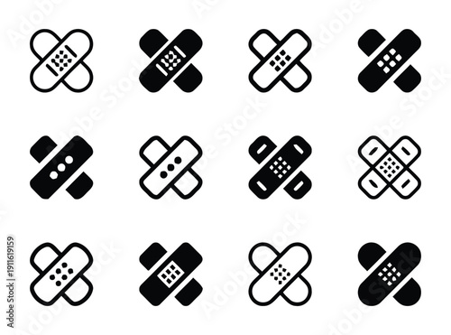 Collection of twelve stylized icons representing medical bandages in various designs and colors