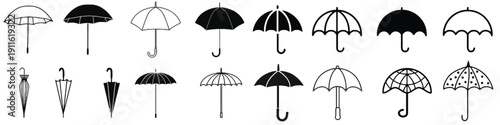 Collection of various umbrella icons in different styles for weather protection