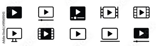Collection of various video player and play button icons for multimedia applications and websites