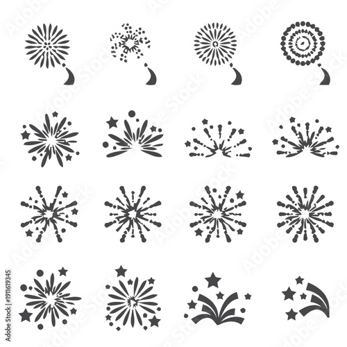 Collection of vibrant firework icons celebrating holidays and special occasions
