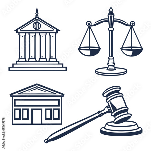 Illustrations of a courthouse, scales of justice, a judge's gavel, and a government building Vector