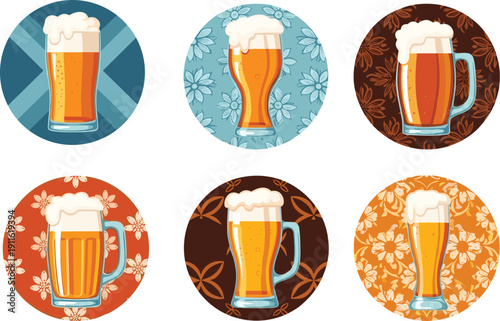 Six beer glasses with different colored backgrounds and patterns mugs frothy beer