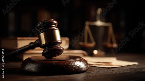 Wooden gavel and law books in warm lighting for legal case imagery
