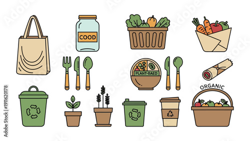 Sustainable Lifestyle Elements: A vibrant illustration showcasing a collection of eco-friendly elements promoting a sustainable lifestyle.